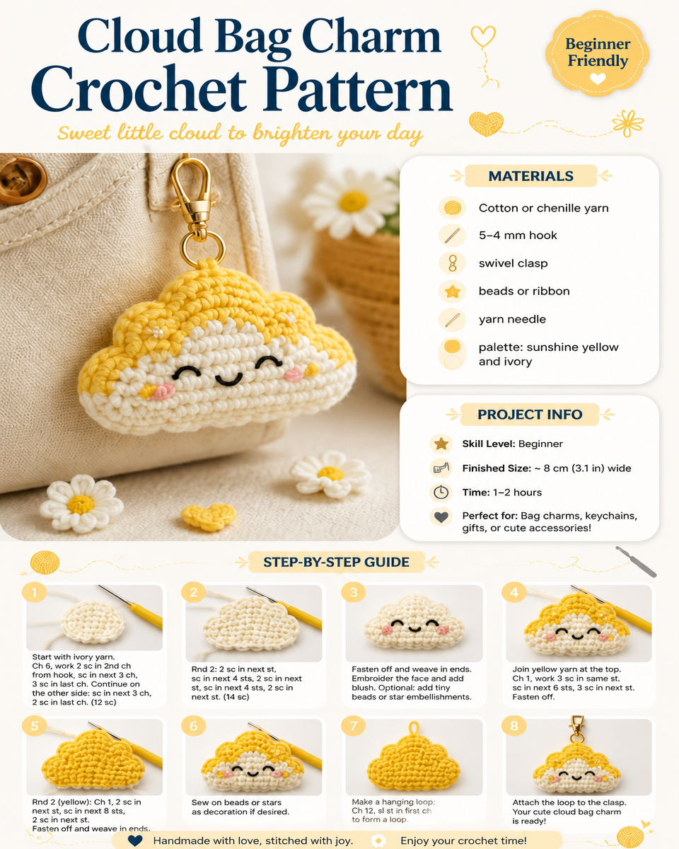Crochet Cloud Bag Charm Pattern: Easy Tutorial
