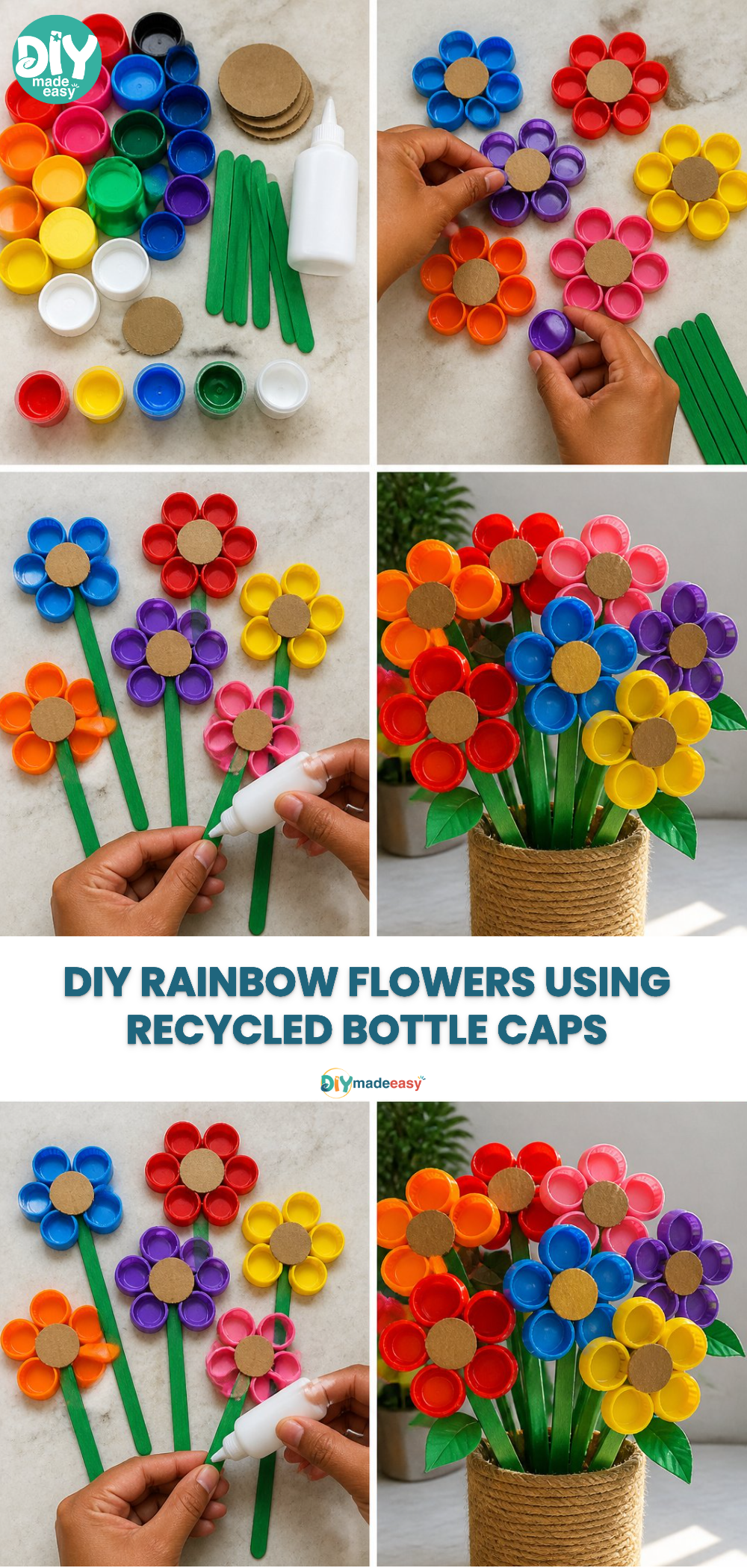 DIY Rainbow Flowers Using Recycled Bottle Caps 22 DIY Rainbow Flowers Using Recycled Bottle Caps