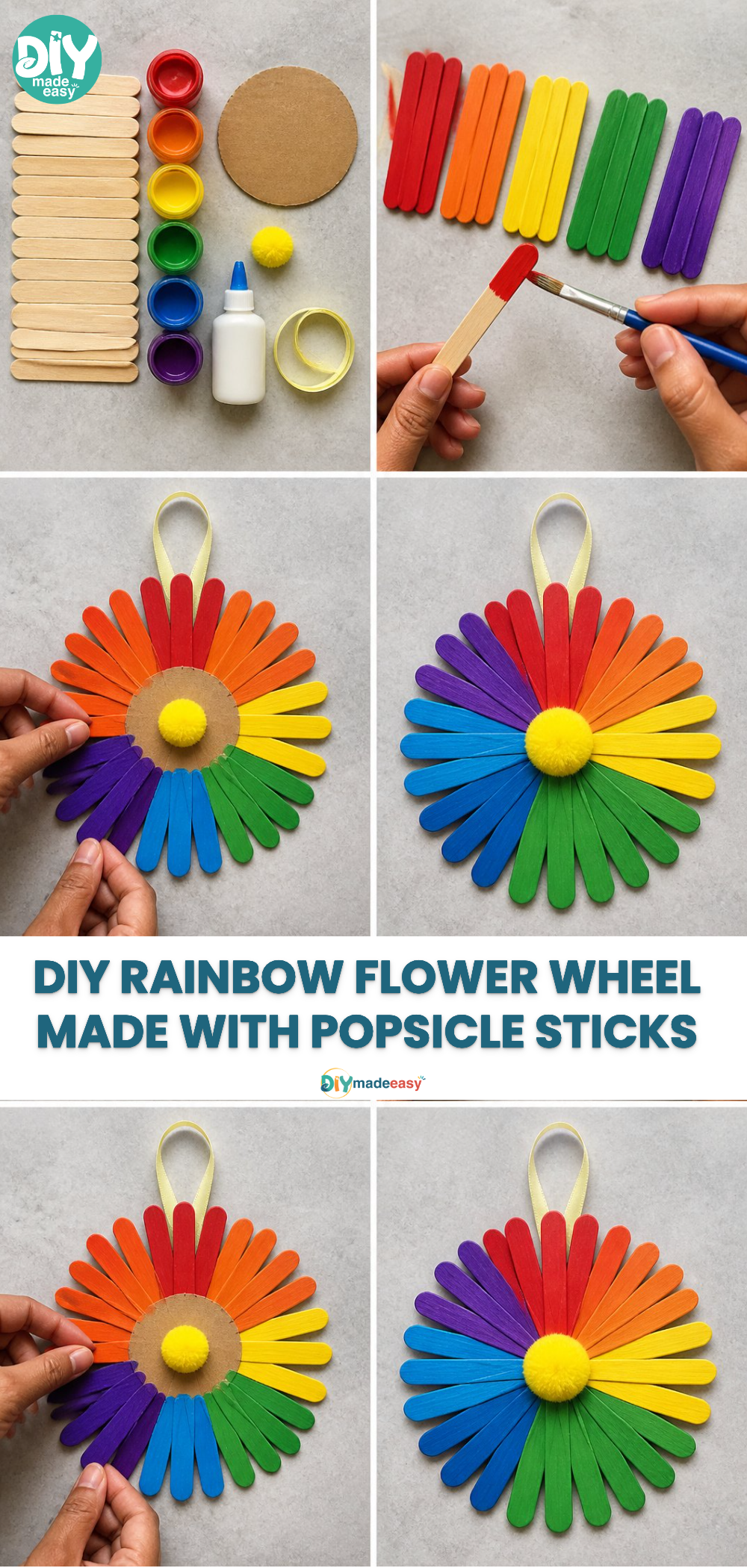 DIY Rainbow Flower Wheel Made with Popsicle Sticks 21 DIY Rainbow Flower Wheel Made with Popsicle Sticks