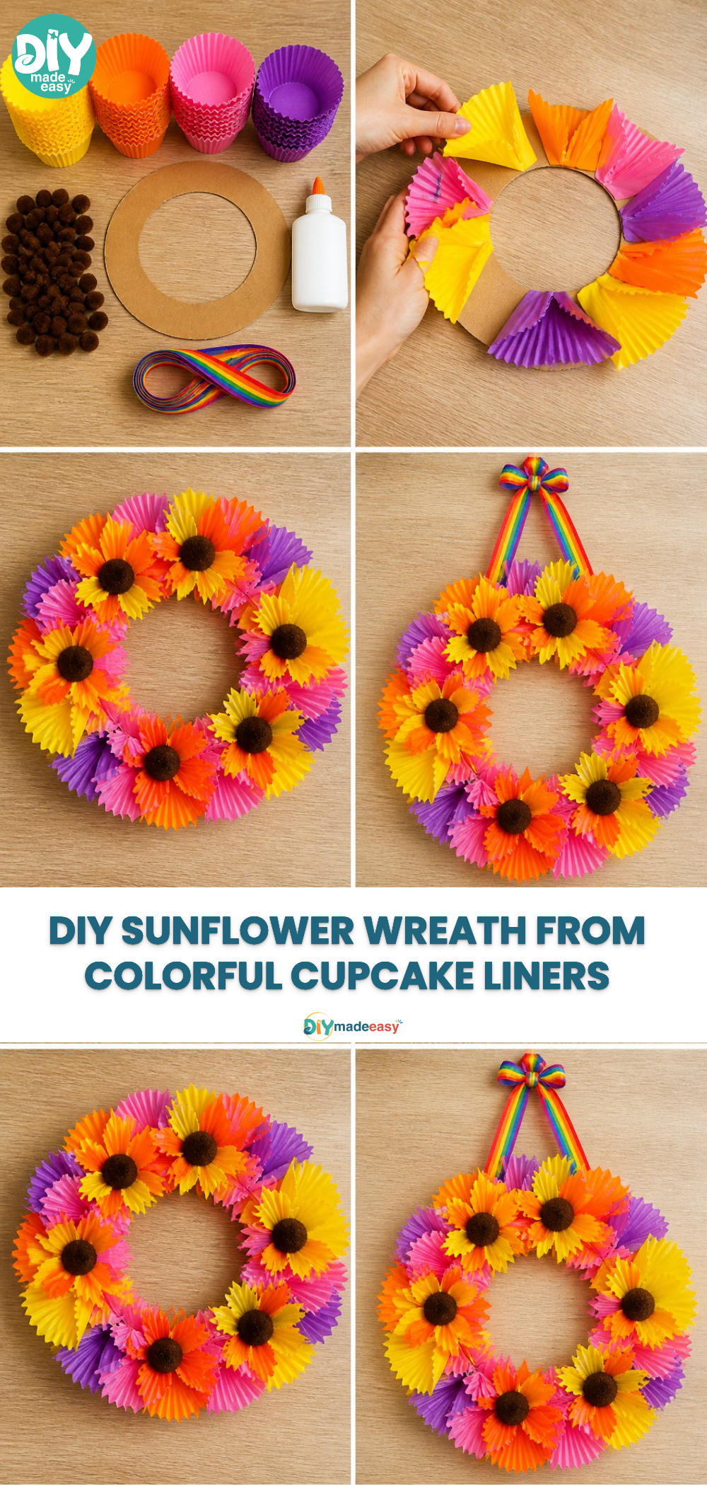 DIY Sunflower Wreath from Colorful Cupcake Liners 18 DIY Sunflower Wreath from Colorful Cupcake Liners