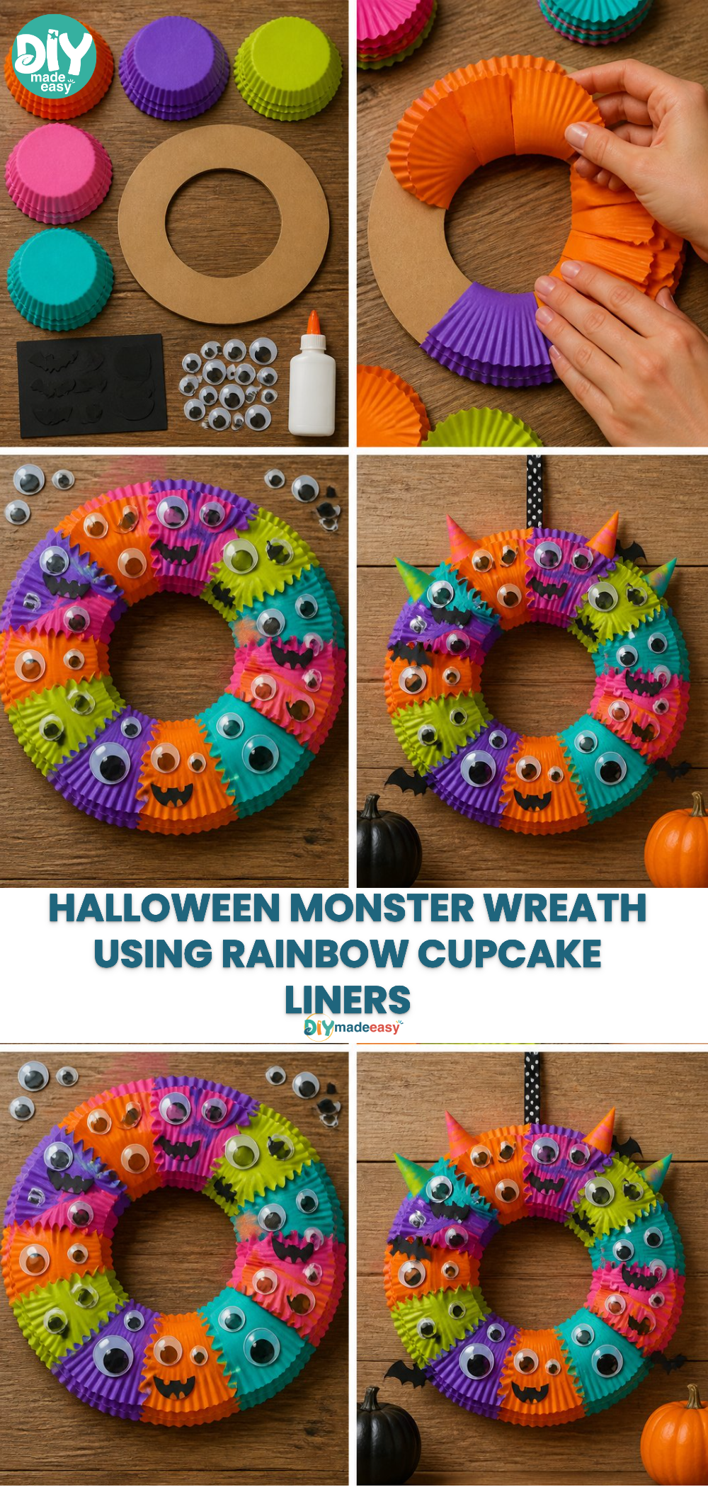 Halloween Monster Wreath Using Rainbow Cupcake Liners