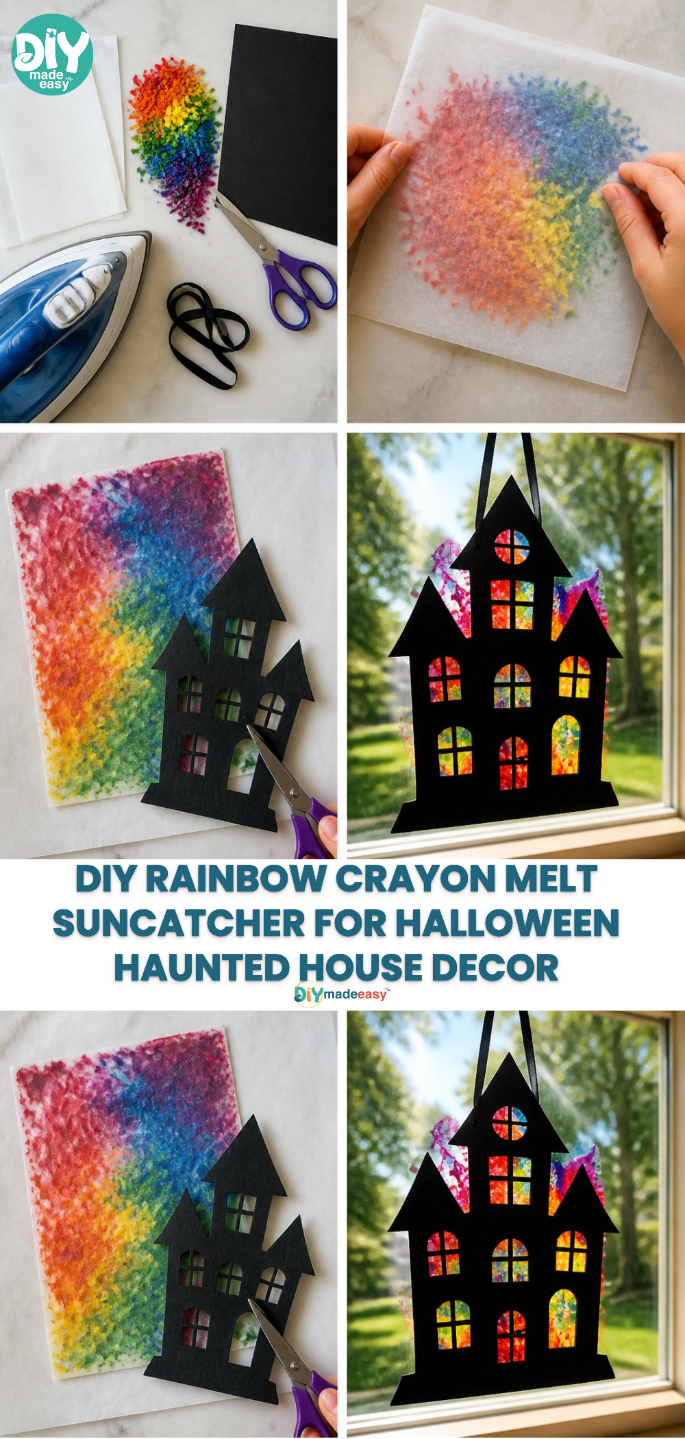 DIY Rainbow Crayon Melt Suncatcher for Halloween Haunted House Decor