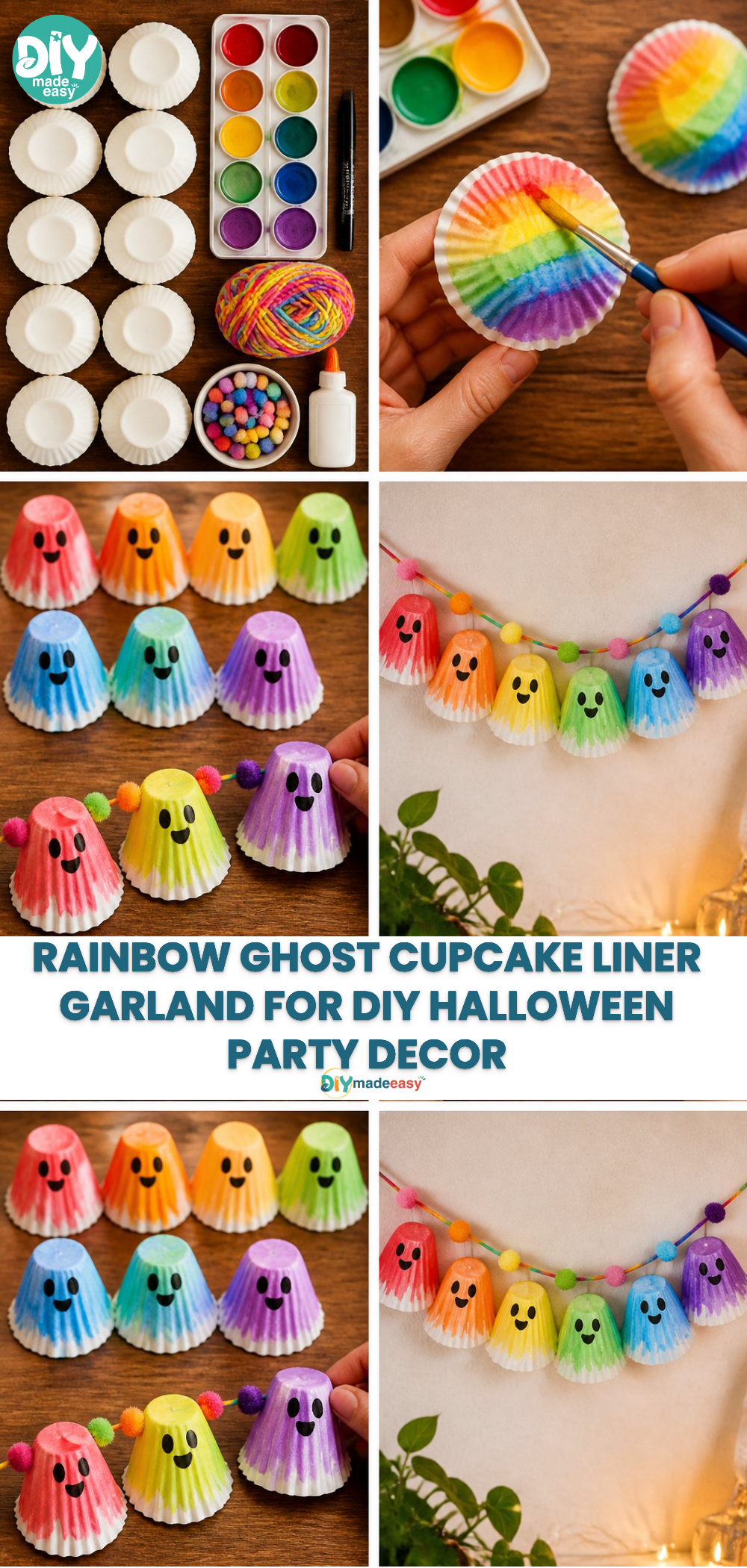 Rainbow Ghost Cupcake Liner Garland for DIY Halloween Party Decor 18 Rainbow Ghost Cupcake Liner Garland for DIY Halloween Party Decor