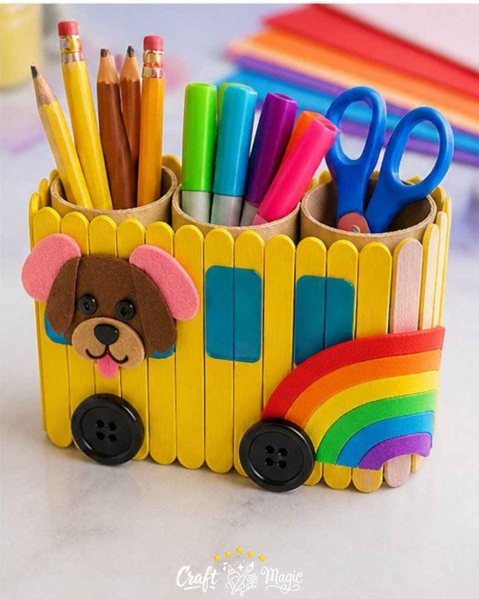 Popsicle-Stick Organizer: Rainbow Puppy School Bus Craft for Kids