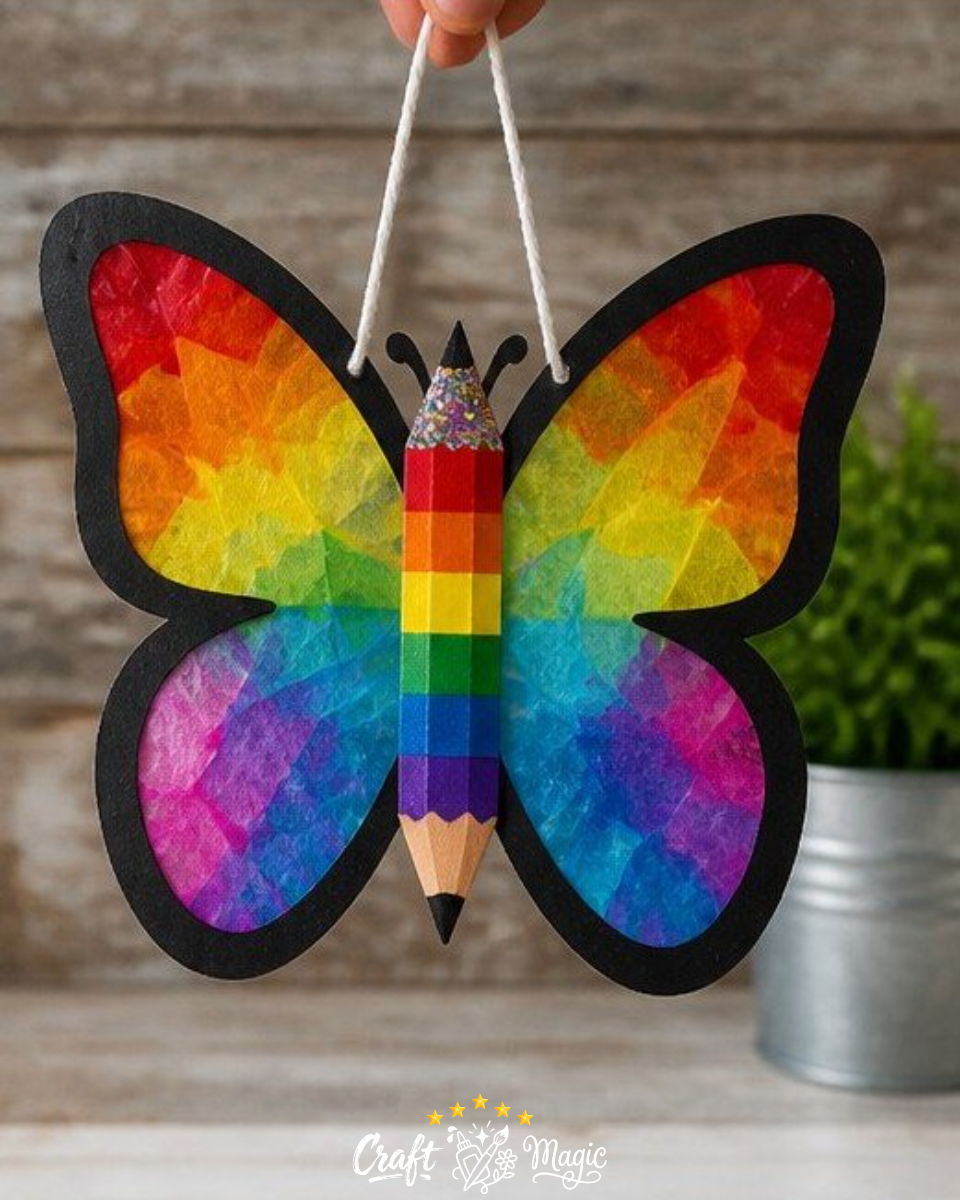First-Day Rainbow Pencil Butterfly Suncatcher