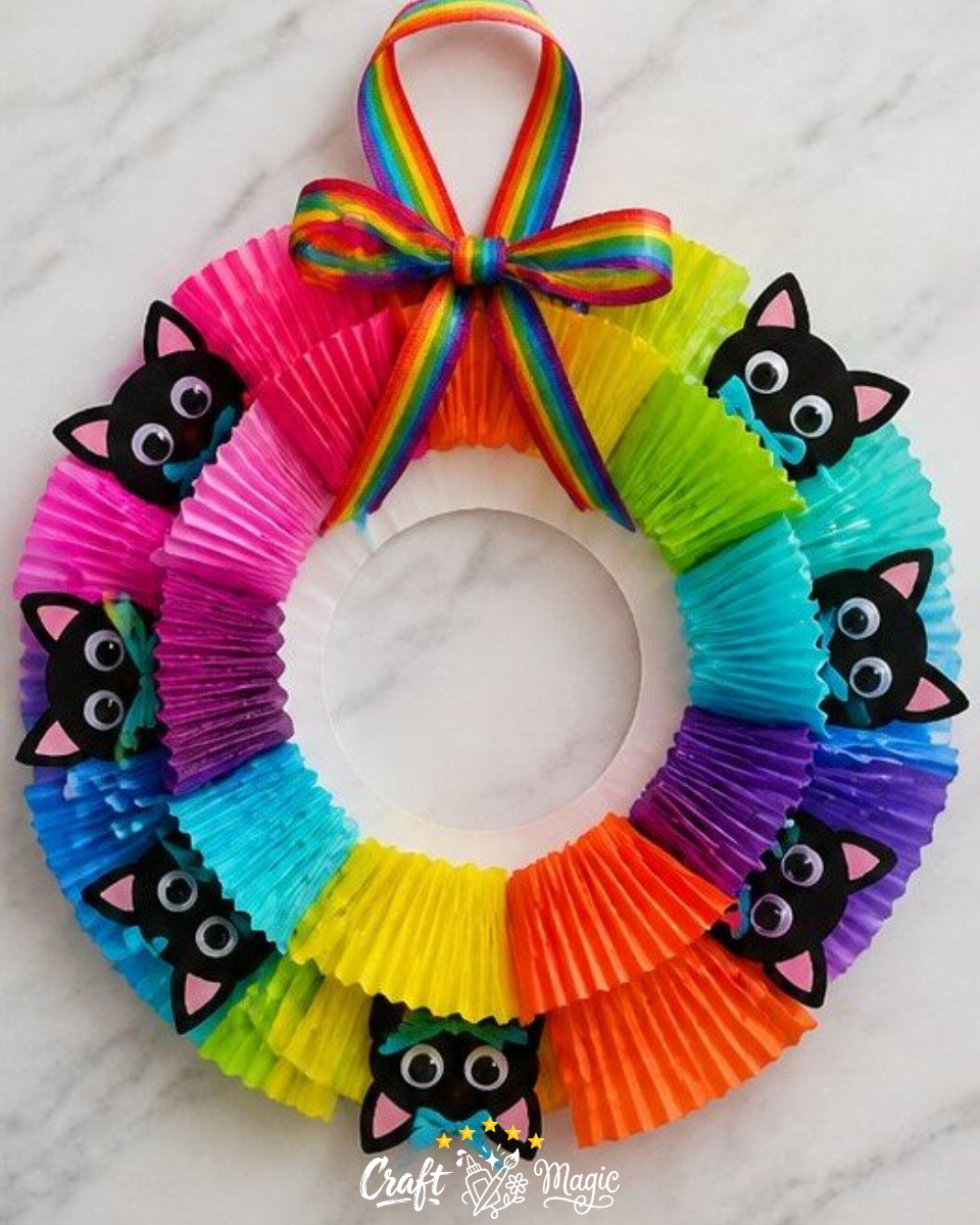 Rainbow Kitten Cupcake-Liner Wreath For Halloween Kids Craft