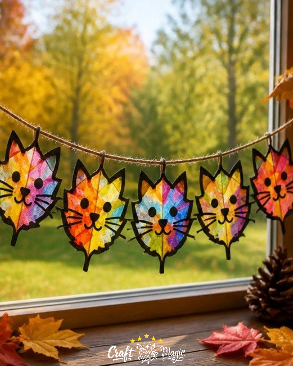 Rainbow Kitten Fall Leaf Suncatcher Garland