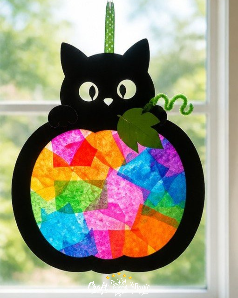 Rainbow Black-Kitten Pumpkin Suncatcher