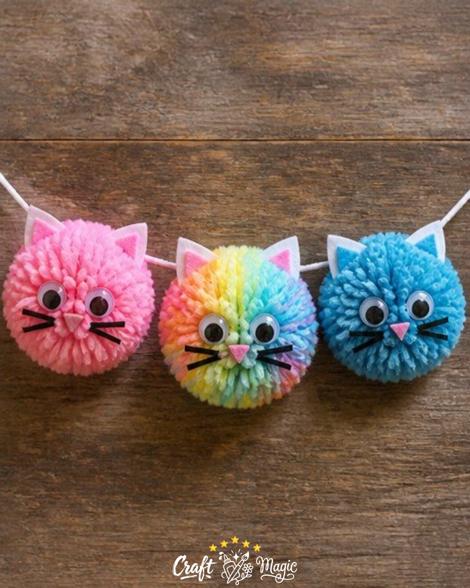 Rainbow Yarn Kitten Pom-Pom Garland DIY Project