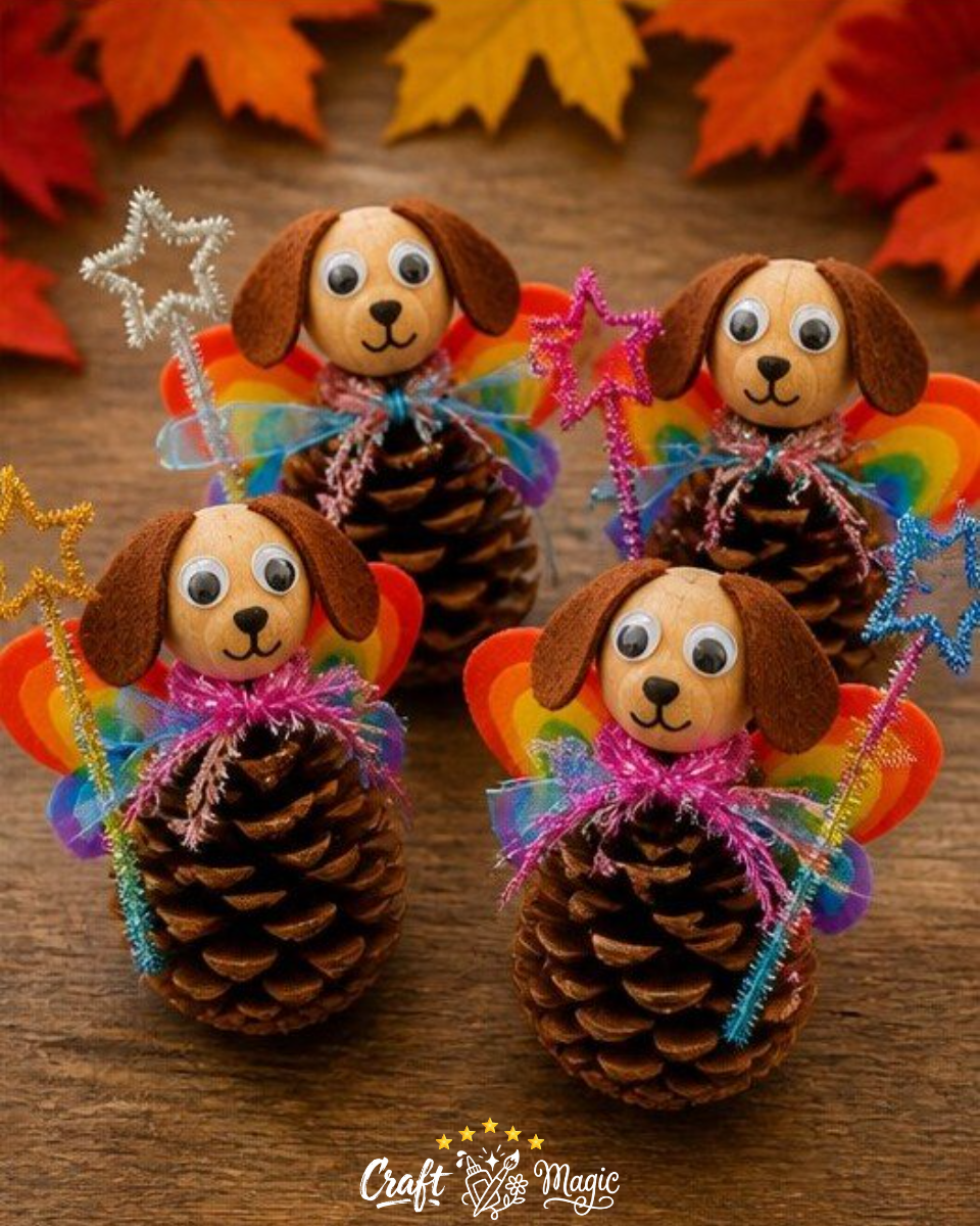 Rainbow Puppy Pinecone Fall Fairy Ornaments