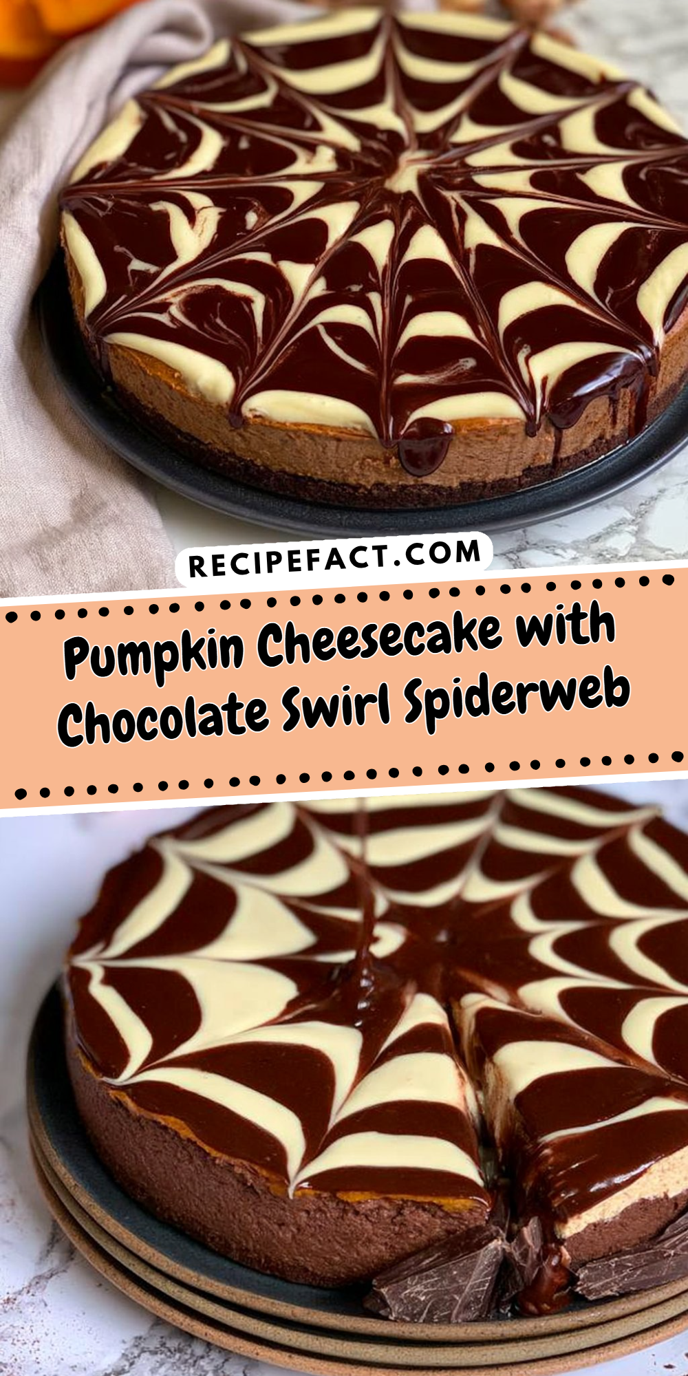 Pumpkin Cheesecake with Chocolate Swirl Spiderweb