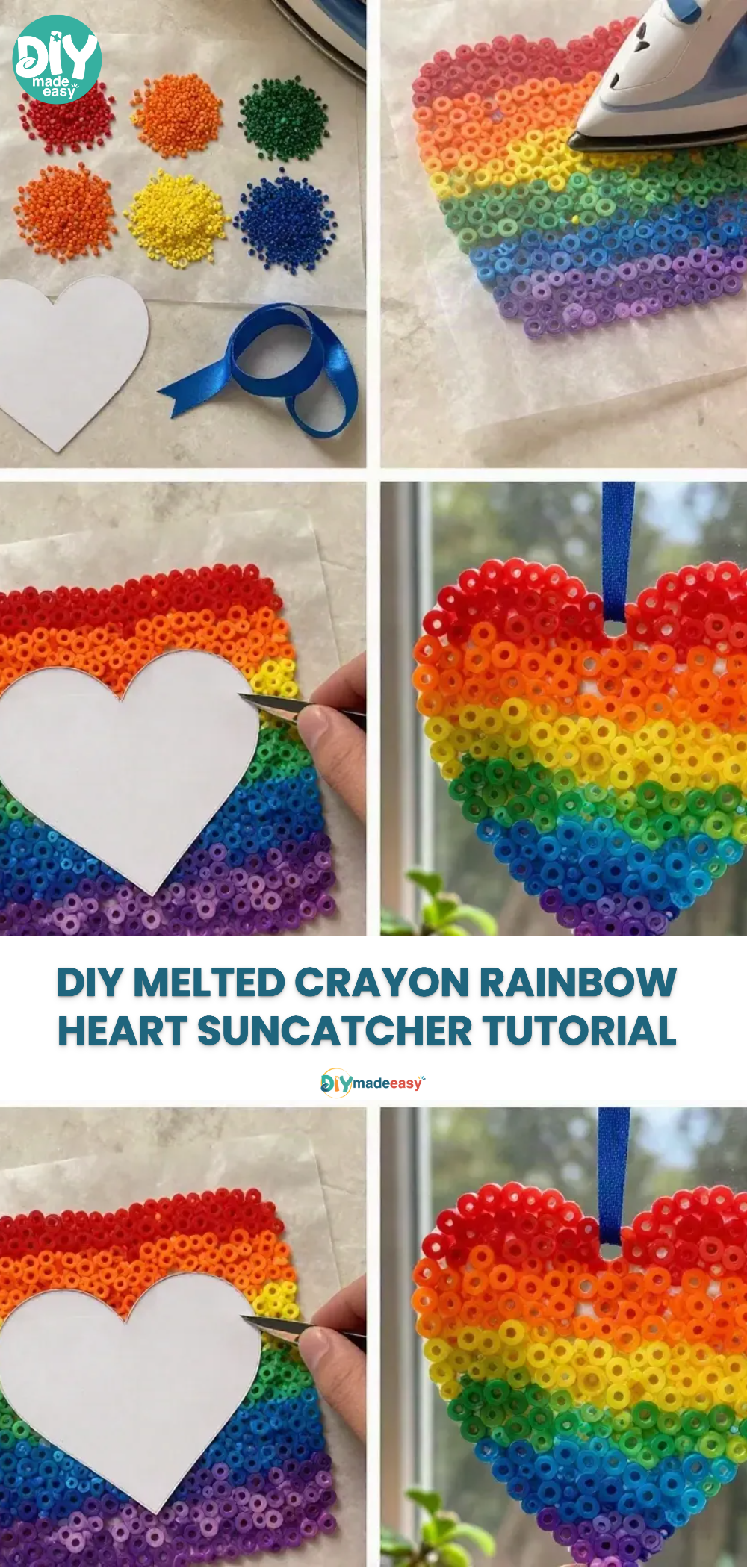 DIY Melted Crayon Rainbow Heart Suncatcher Tutorial