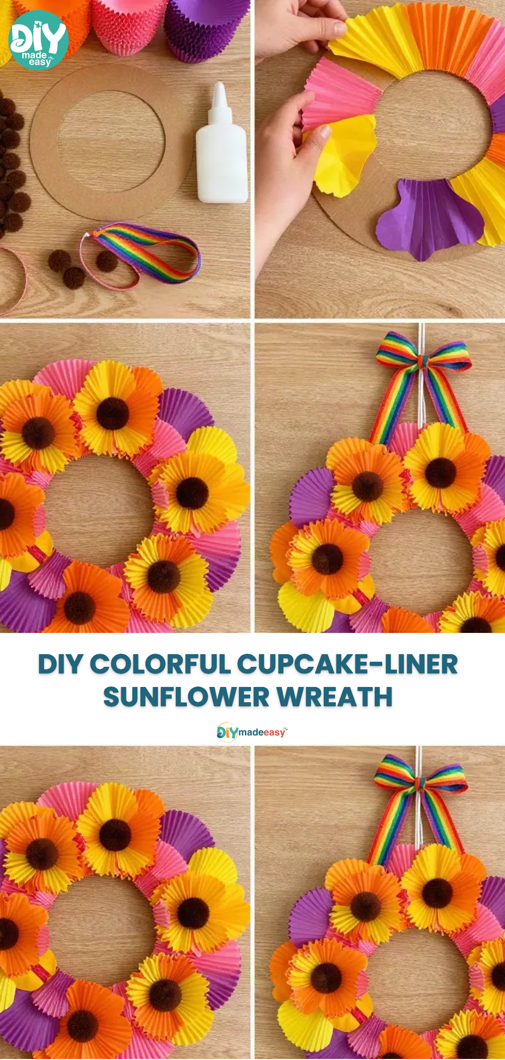 DIY Colorful Cupcake-Liner Sunflower Wreath 18 DIY Colorful Cupcake-Liner Sunflower Wreath