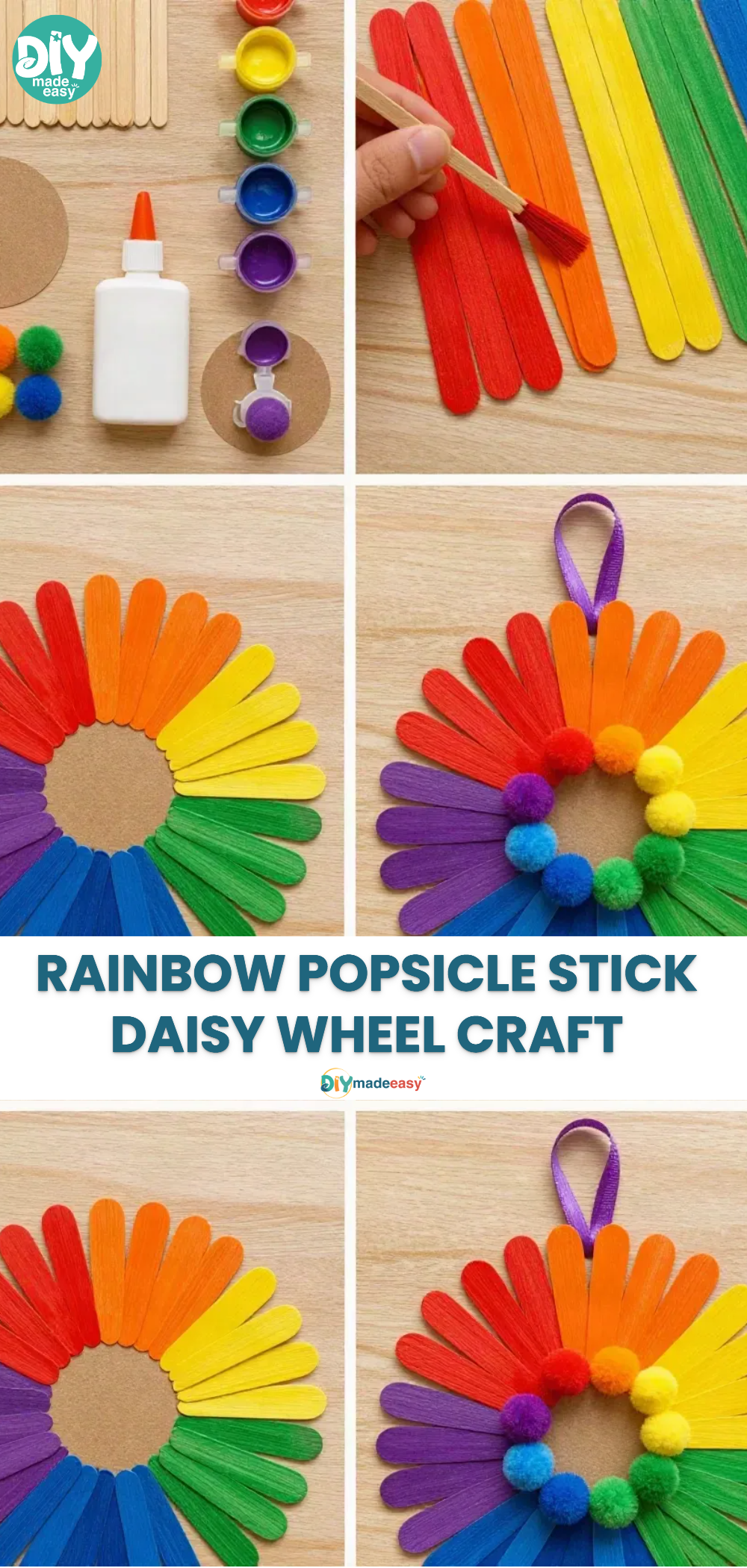 Rainbow Popsicle Stick Daisy Wheel Craft