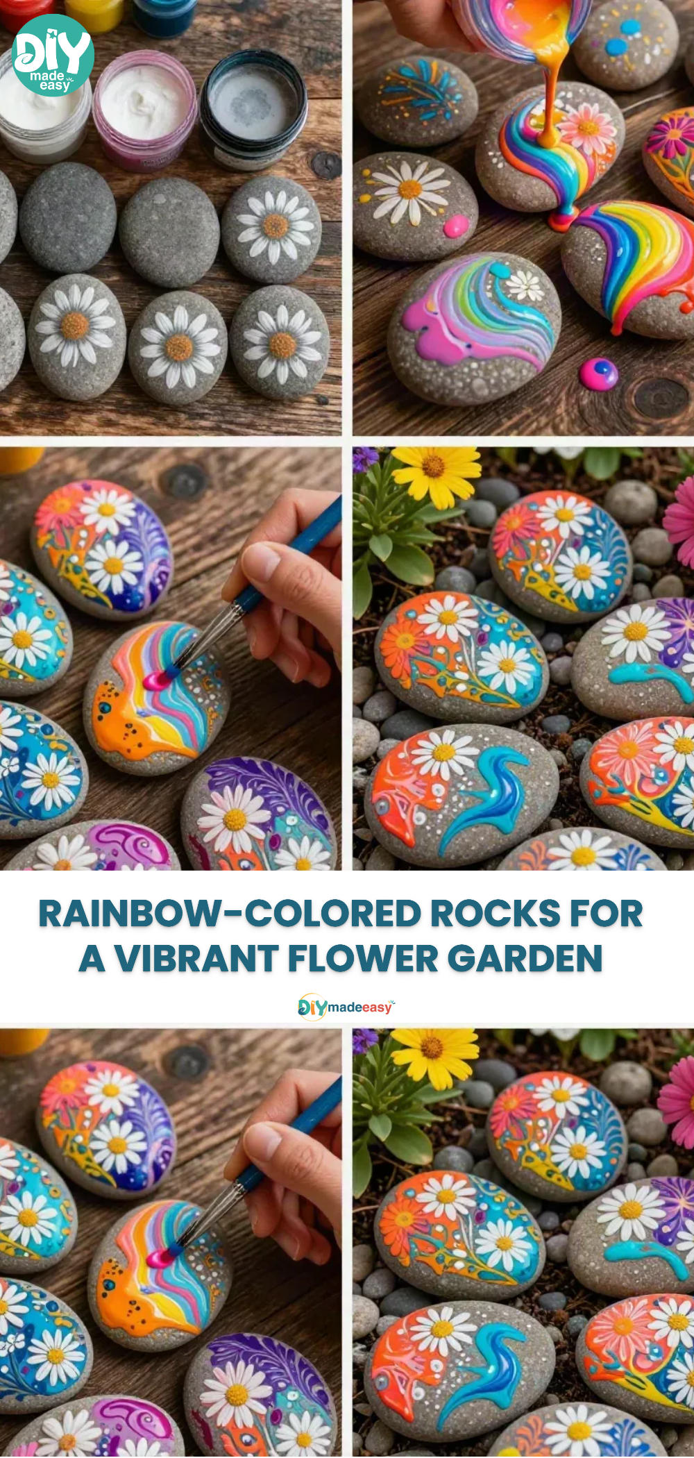 Rainbow-Colored Rocks for a Vibrant Flower Garden