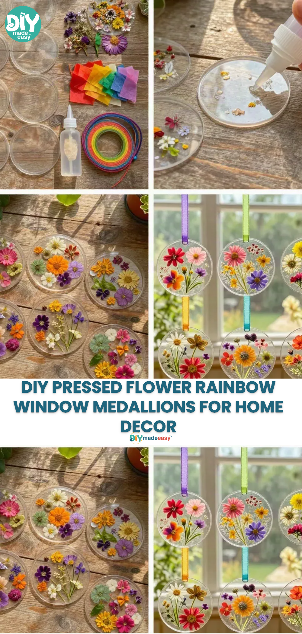 DIY Pressed Flower Rainbow Window Medallions for Home Decor