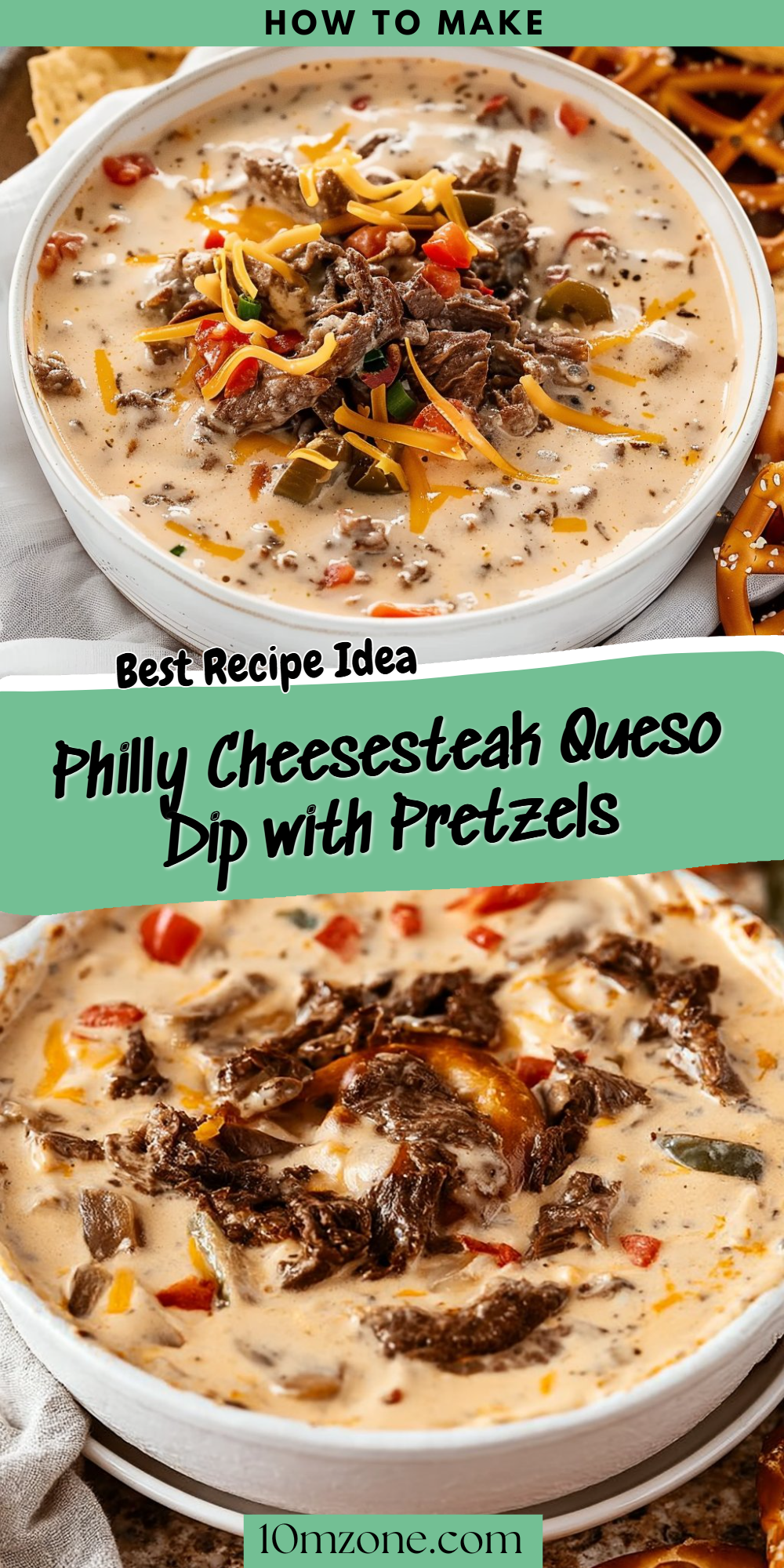 Philly Cheesesteak Queso Dip with Pretzels