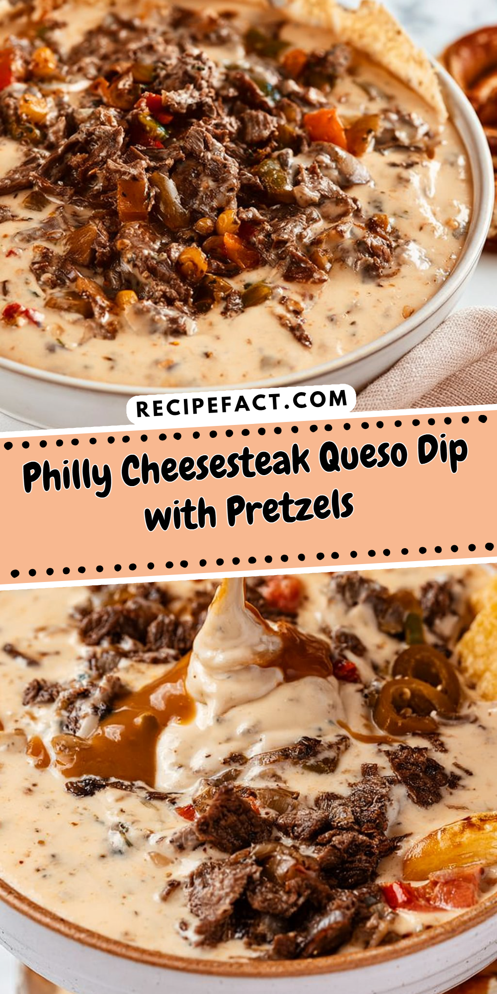 Philly Cheesesteak Queso Dip with Pretzels