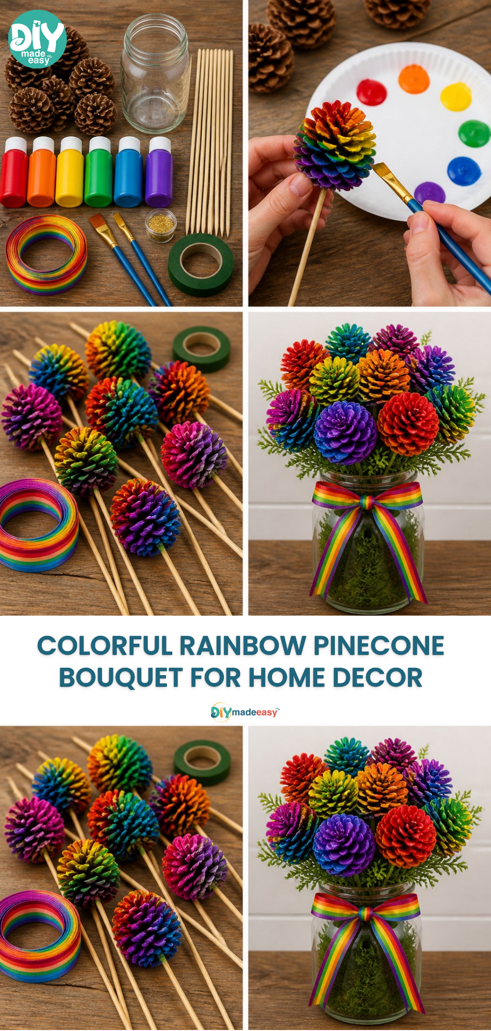 Colorful Rainbow Pinecone Bouquet for Home Decor