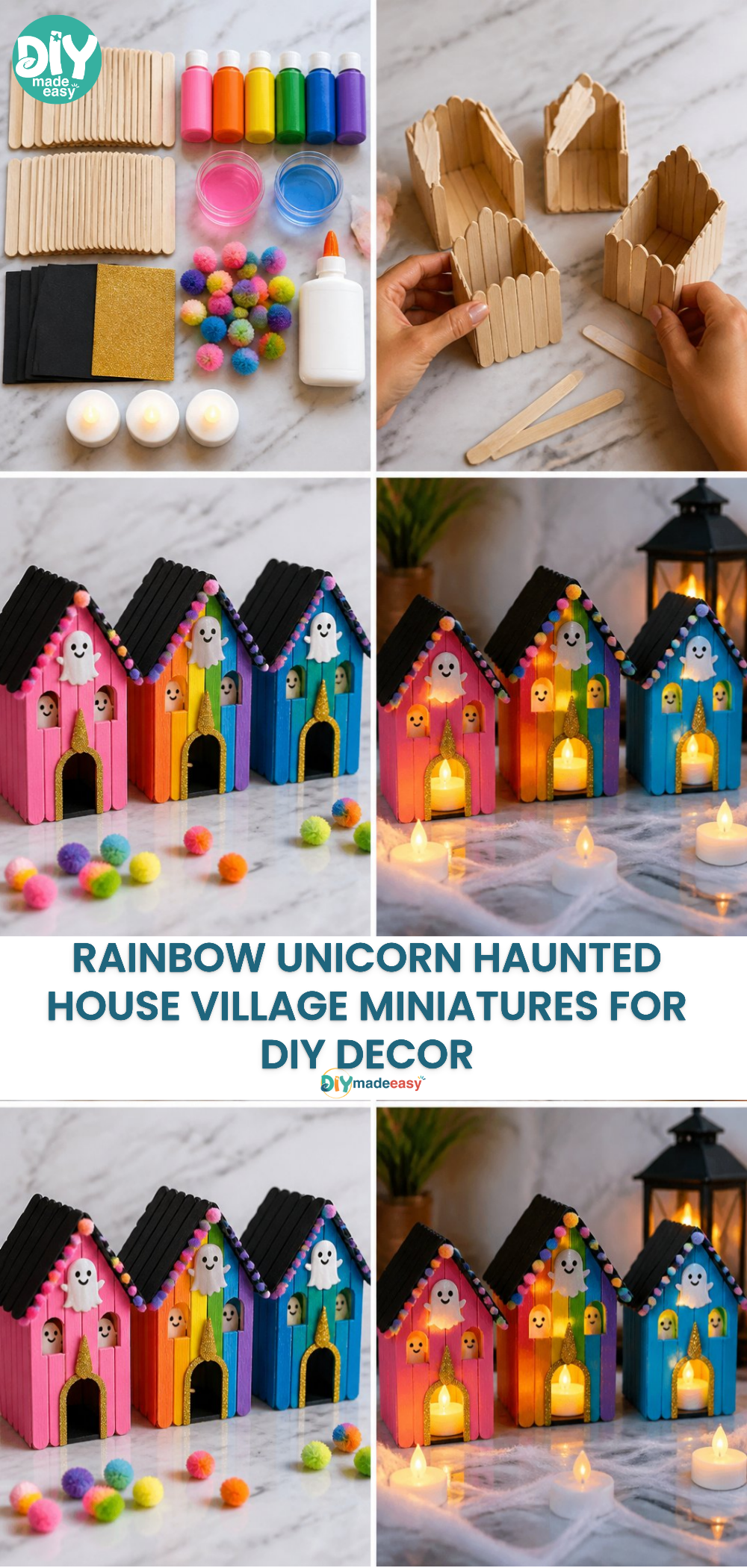 Rainbow Unicorn Haunted House Village Miniatures for DIY Decor