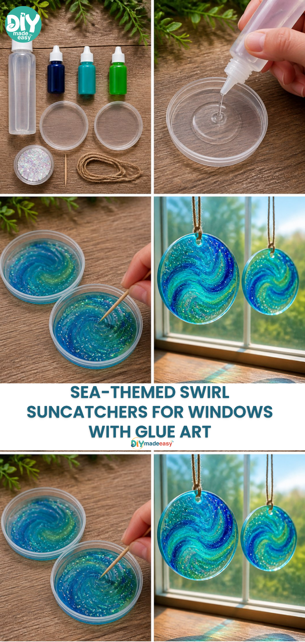Sea-Themed Swirl Suncatchers for Windows with Glue Art