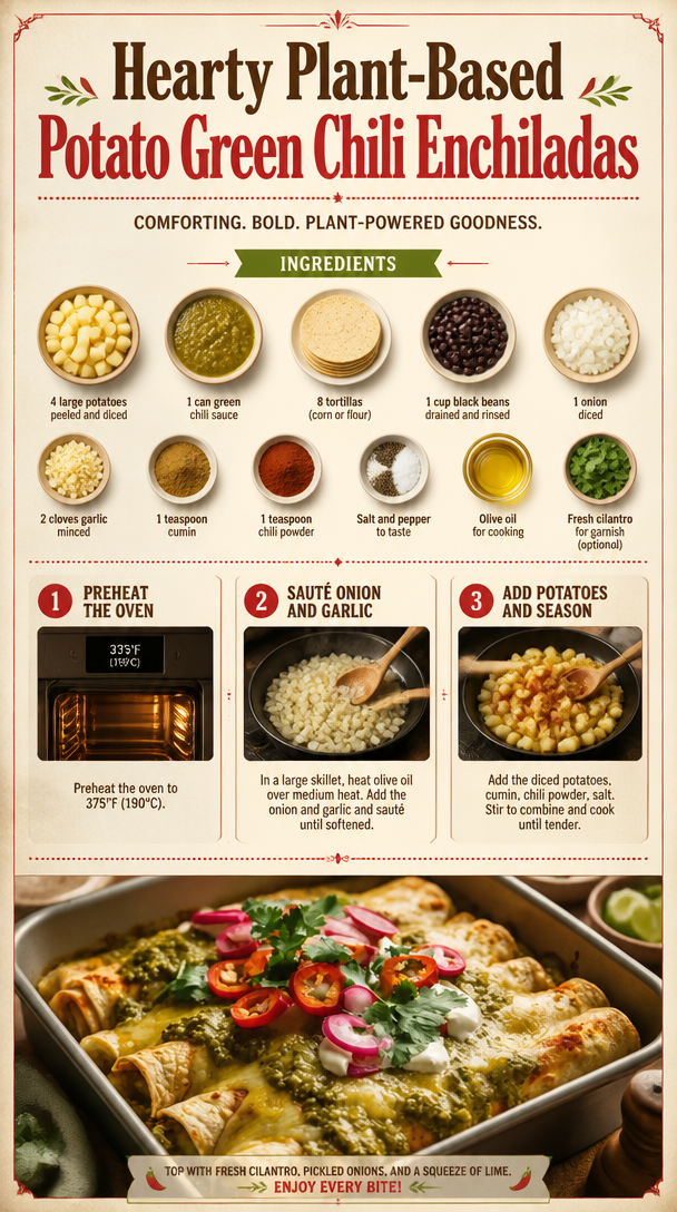 Hearty Plant-Based Potato Green Chili Enchiladas