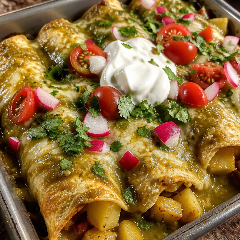 Hearty Plant-Based Potato Green Chili Enchiladas
