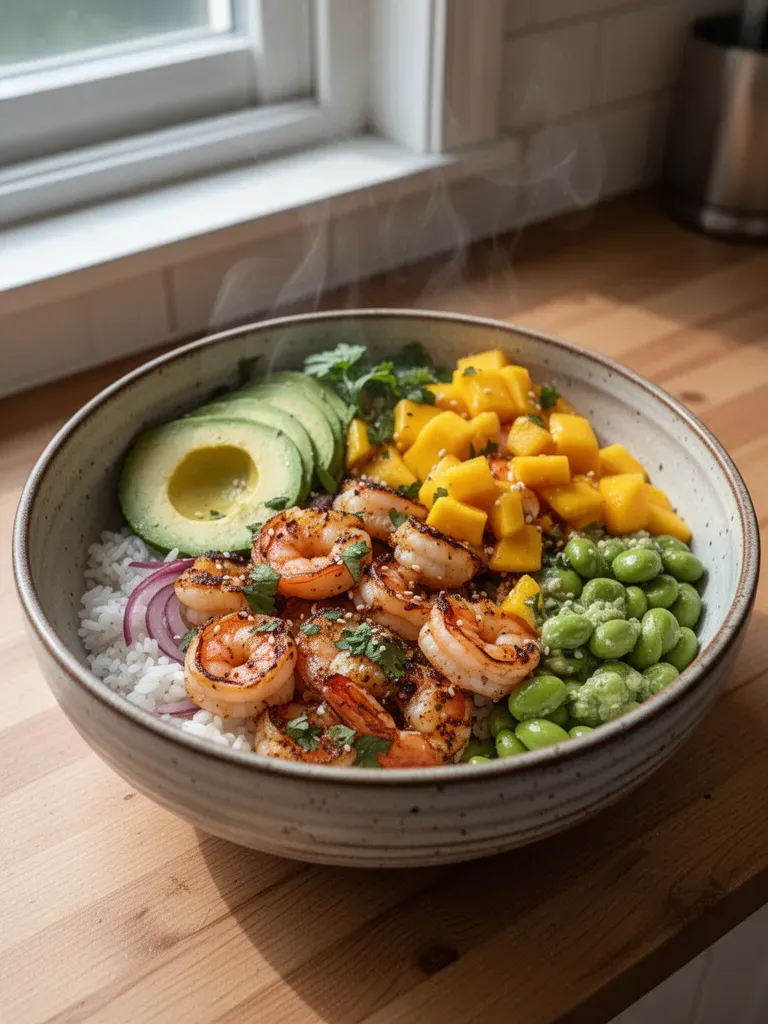 Shrimp Avocado Mango Rice Bowl