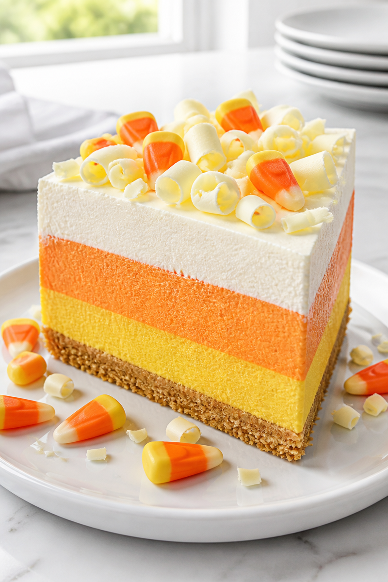 Layered Candy Corn Cheesecake Slice