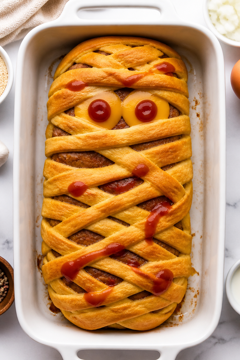 Classic Halloween Mummy Baked Meatloaf