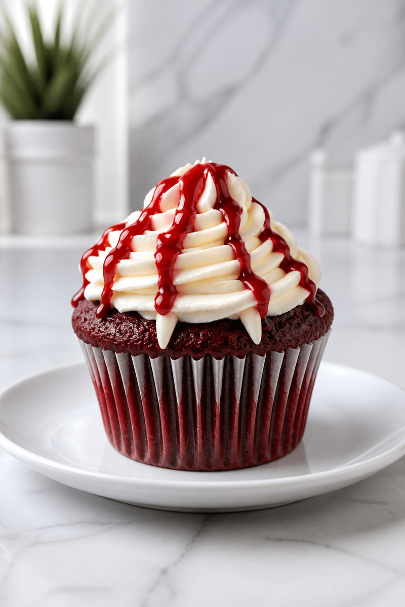 Bloody Vampire Bite Red Velvet Cupcake