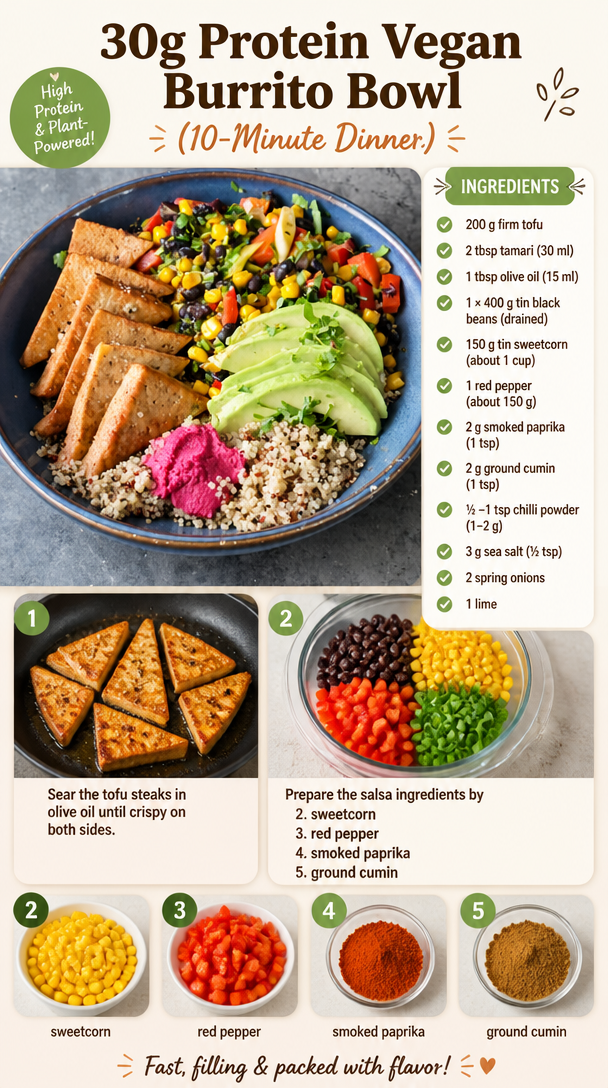 30g Protein Vegan Burrito Bowl (10-Minute Dinner)