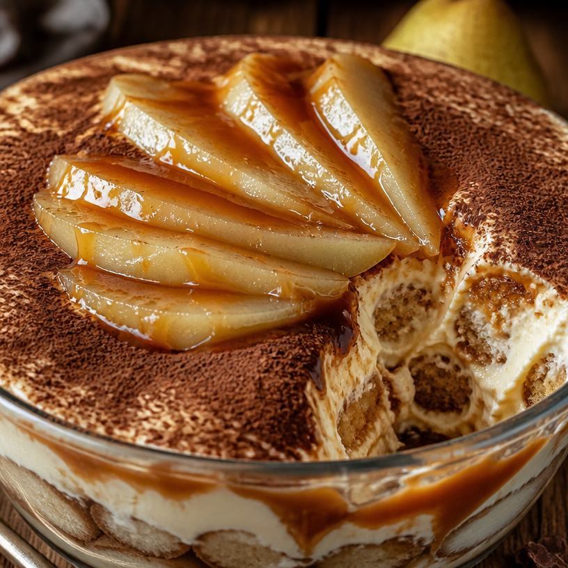 Tiramisu with pears and salted butter caramel