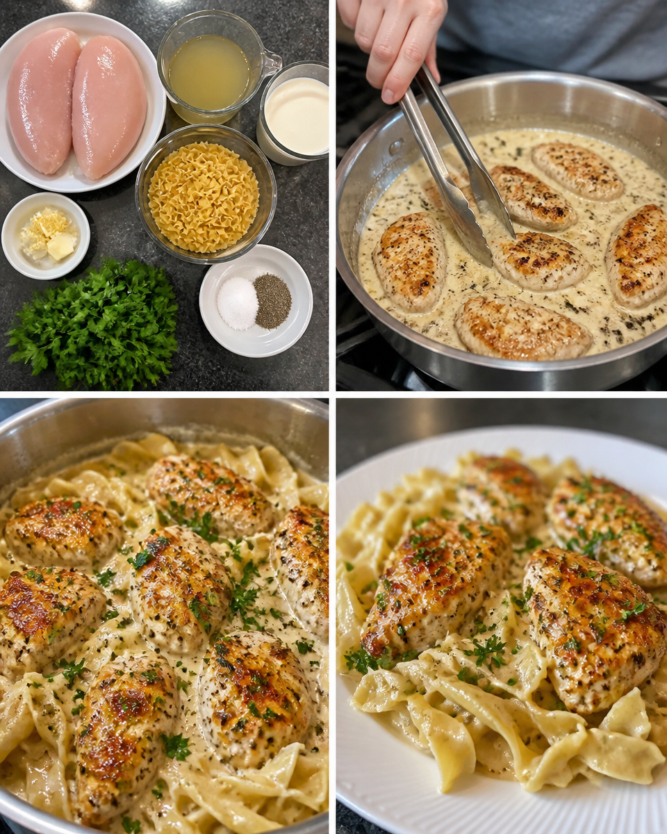 One-Pan Creamy Garlic Butter Chicken with Egg Noodles