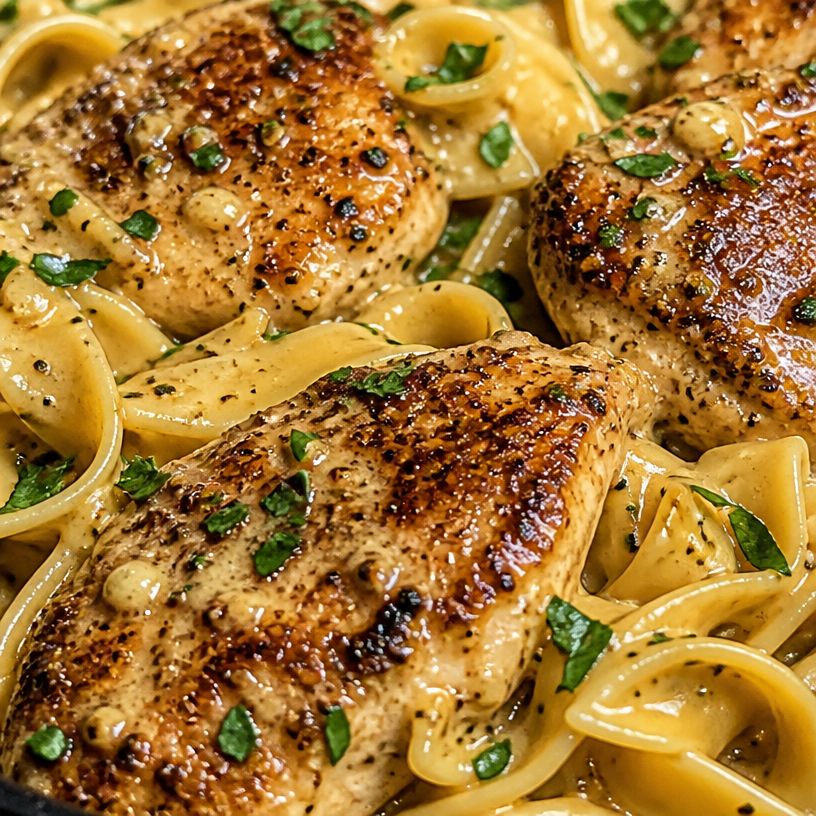 One-Pan Creamy Garlic Butter Chicken with Egg Noodles