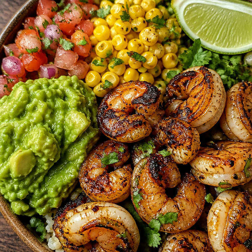 Juicy Grilled Shrimp Bowl with Avocado and Corn