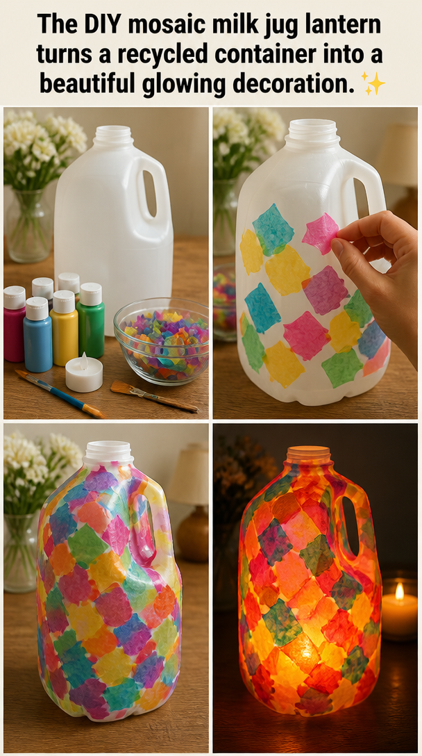 The DIY mosaic milk jug lantern turns a recycled container into a beautiful glowing decoration. ✨