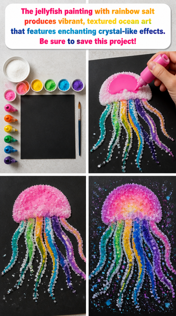 The jellyfish painting with rainbow salt produces vibrant, textured ocean art that features enchanting crystal-like effects. Be sure to save this project!