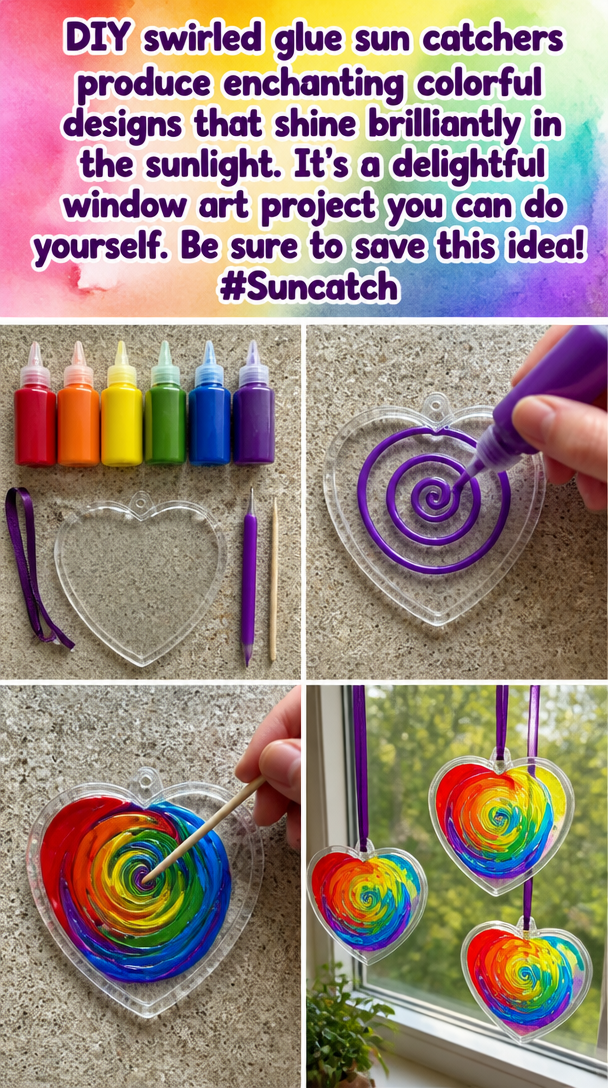 DIY swirled glue sun catchers produce enchanting colorful designs that shine brilliantly in the sunlight. It's a delightful window art project you can do yourself. Be sure to save this idea! #Suncatch