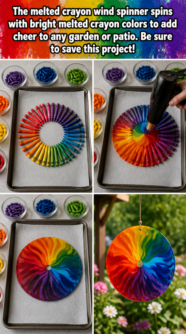The melted crayon wind spinner spins with bright melted crayon colors to add cheer to any garden or patio. Be sure to save this project!