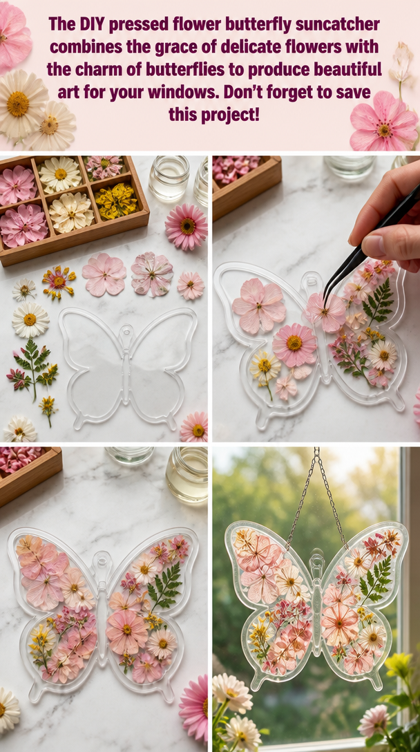 The DIY pressed flower butterfly suncatcher combines the grace of delicate flowers with the charm of butterflies to produce beautiful art for your windows. Don’t forget to save this project!