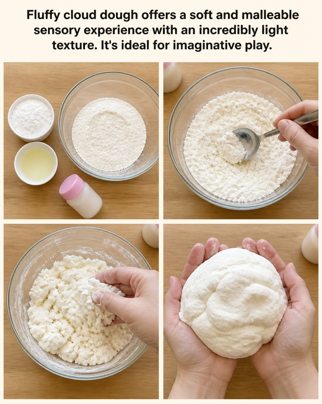 Fluffy cloud dough offers a soft and malleable sensory experience with an incredibly light texture. It's ideal for imaginative play.