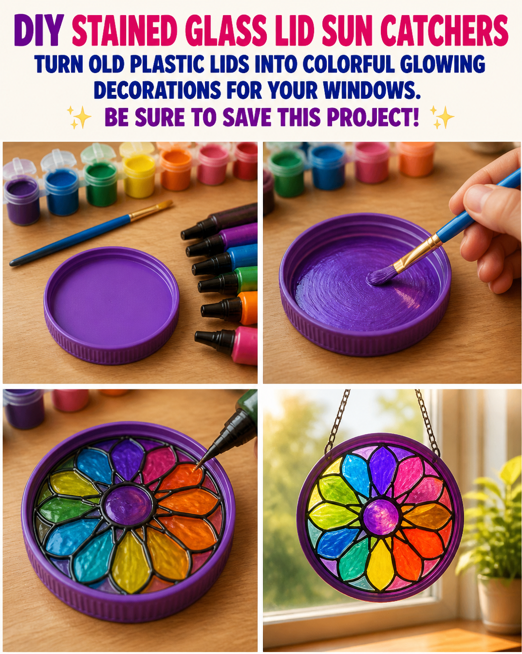 DIY stained glass lid sun catchers turn old plastic lids into colorful glowing decorations for your windows. Be sure to save this project!