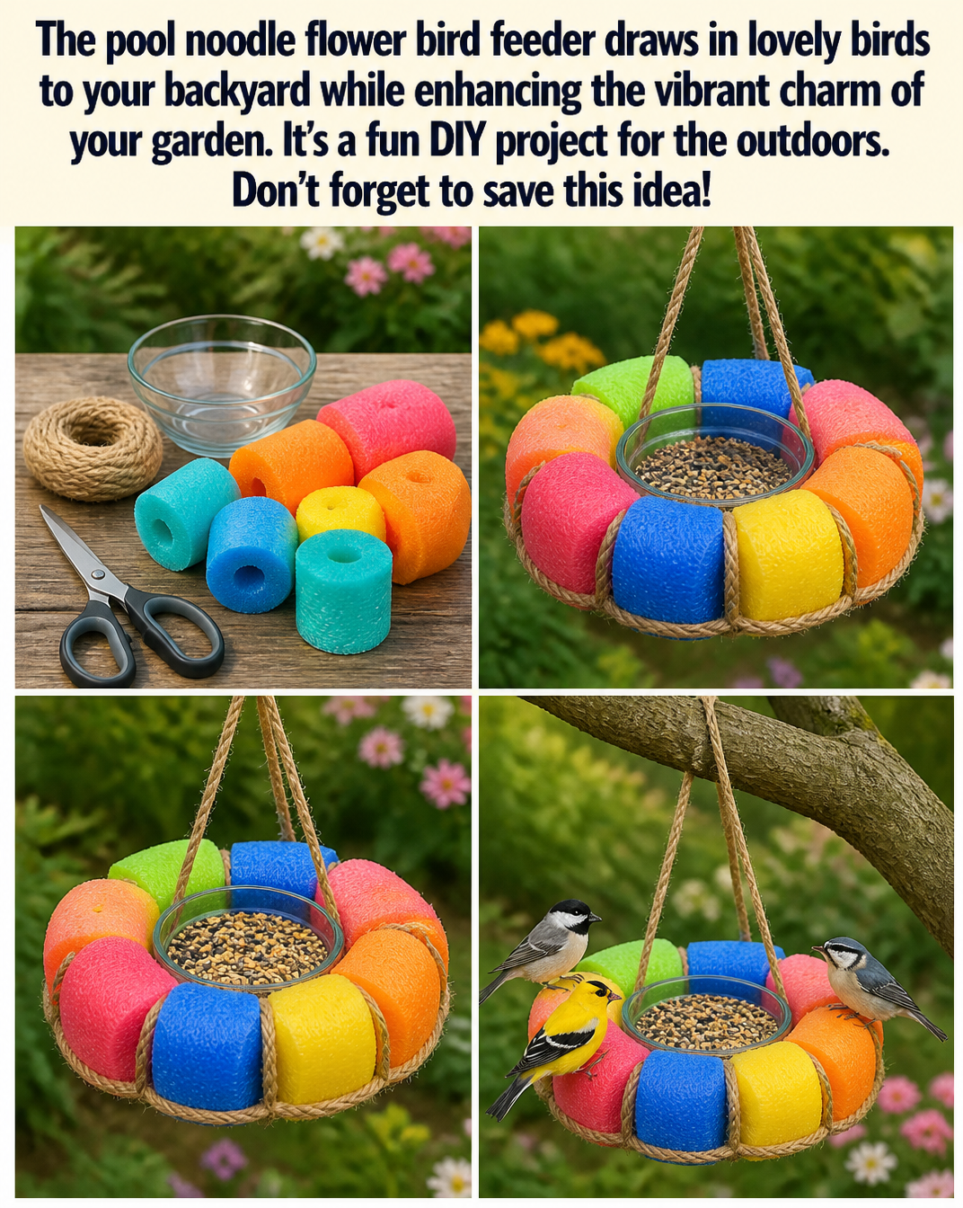 The pool noodle flower bird feeder draws in lovely birds to your backyard while enhancing the vibrant charm of your garden. It’s a fun DIY project for the outdoors. Don’t forget to save this idea!