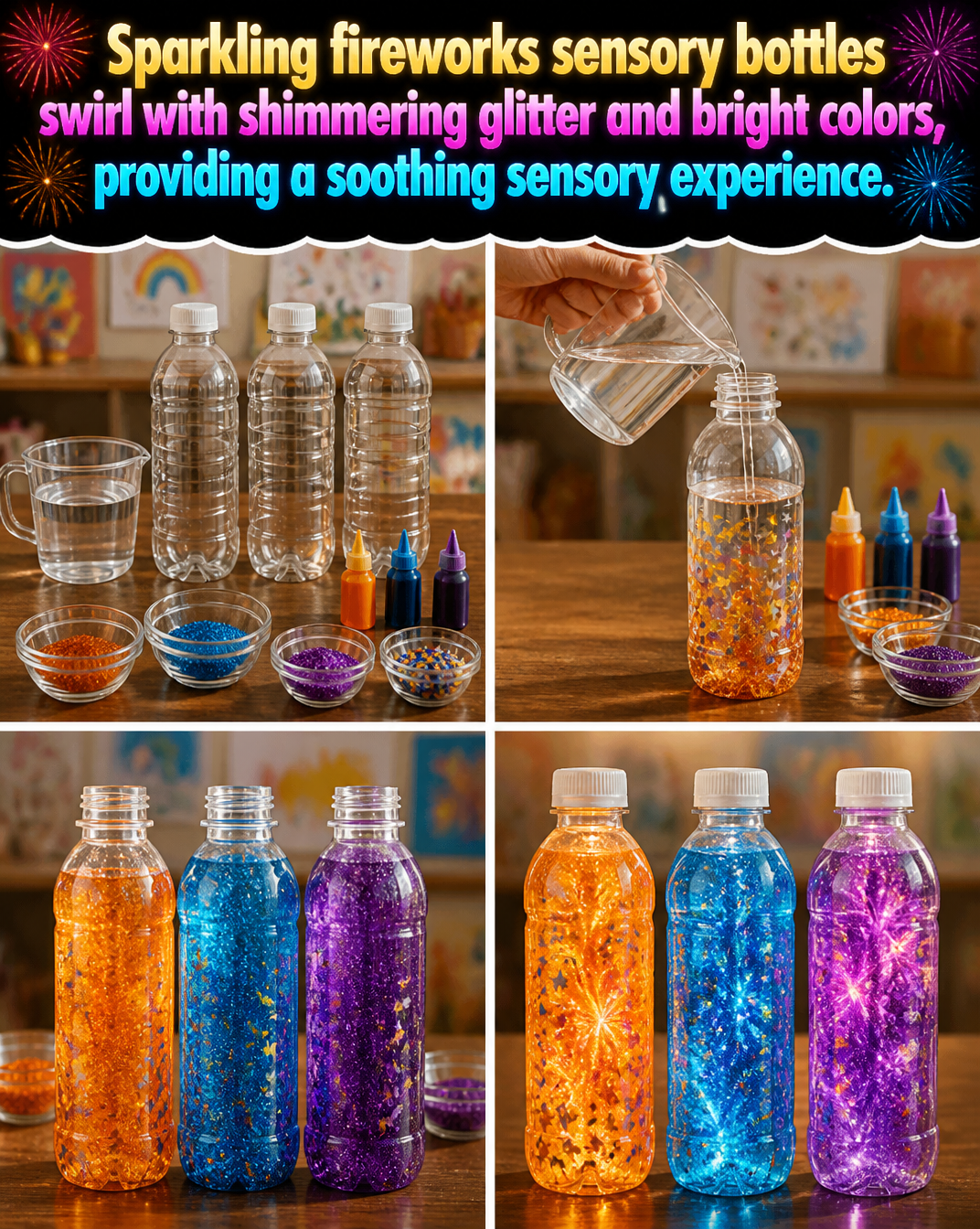 Sparkling fireworks sensory bottles swirl with shimmering glitter and bright colors, providing a soothing sensory experience.
