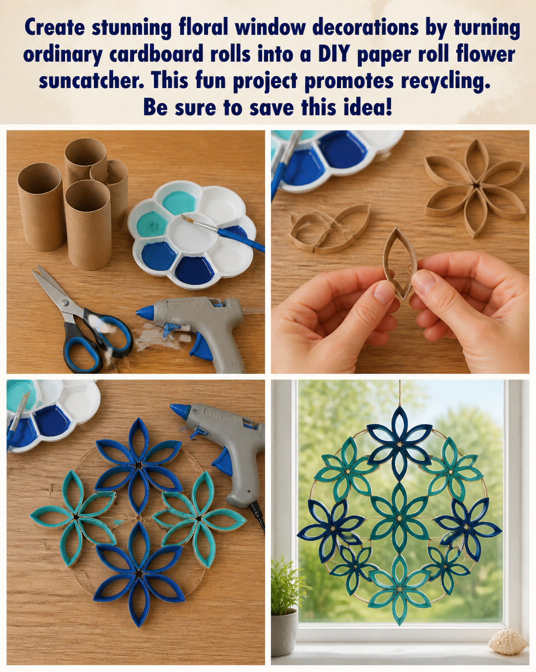 Create stunning floral window decorations by turning ordinary cardboard rolls into a DIY paper roll flower suncatcher. This fun project promotes recycling. Be sure to save this idea!