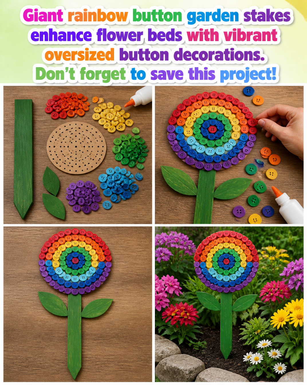 Giant rainbow button garden stakes enhance flower beds with vibrant oversized button decorations. Don't forget to save this project!