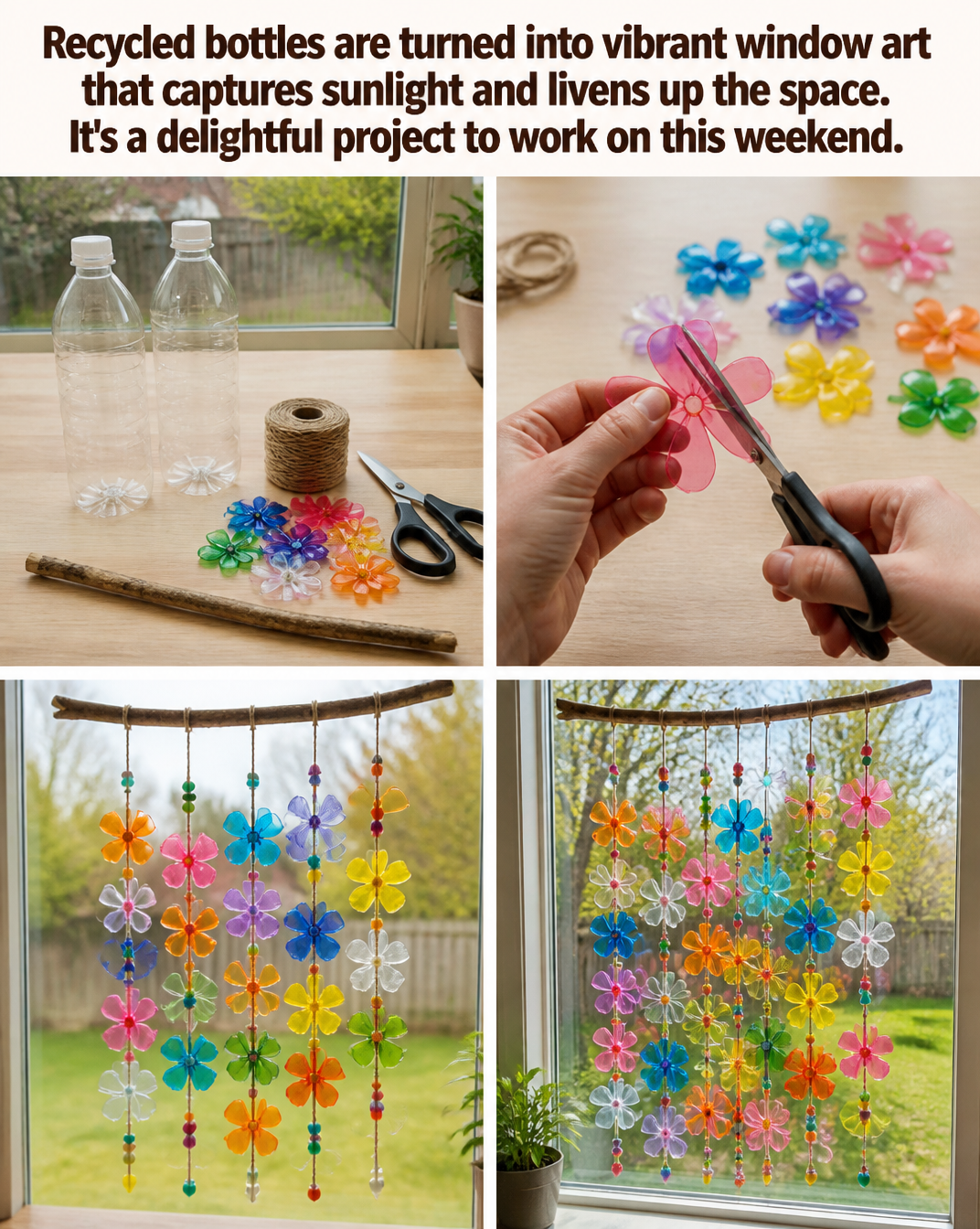 Recycled bottles are turned into vibrant window art that captures sunlight and livens up the space. It's a delightful project to work on this weekend.