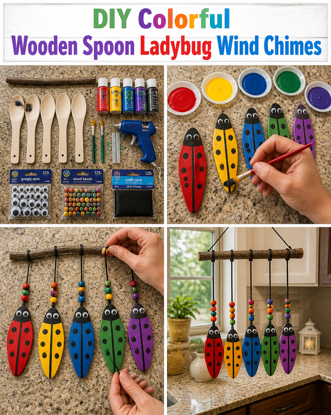 DIY Colorful Wooden Spoon Ladybug Wind Chimes