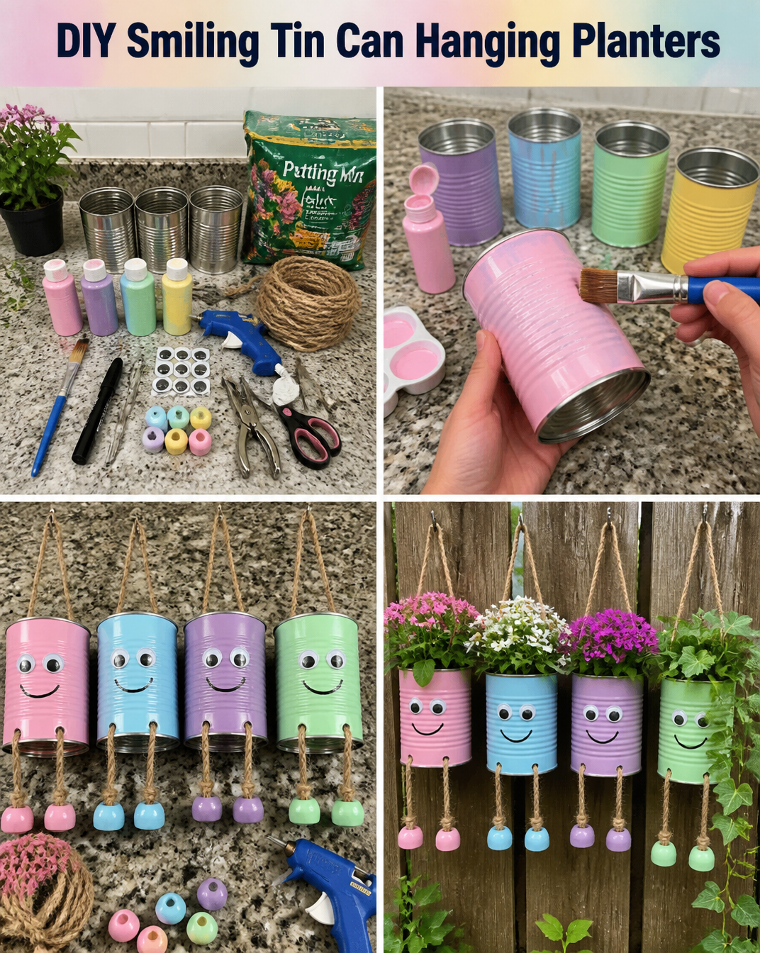 DIY Smiling Tin Can Hanging Planters